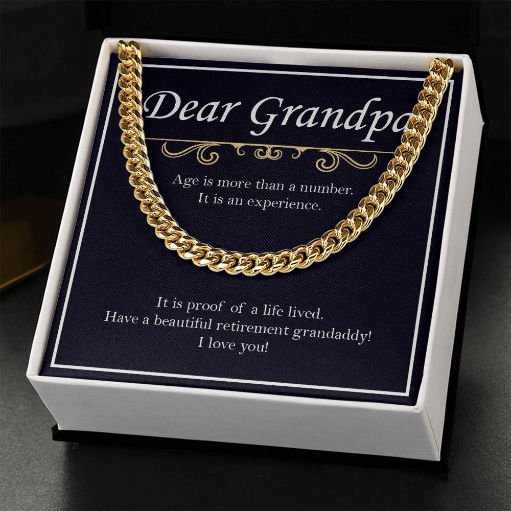 Age Is An Experience cuban link chain gold standard box