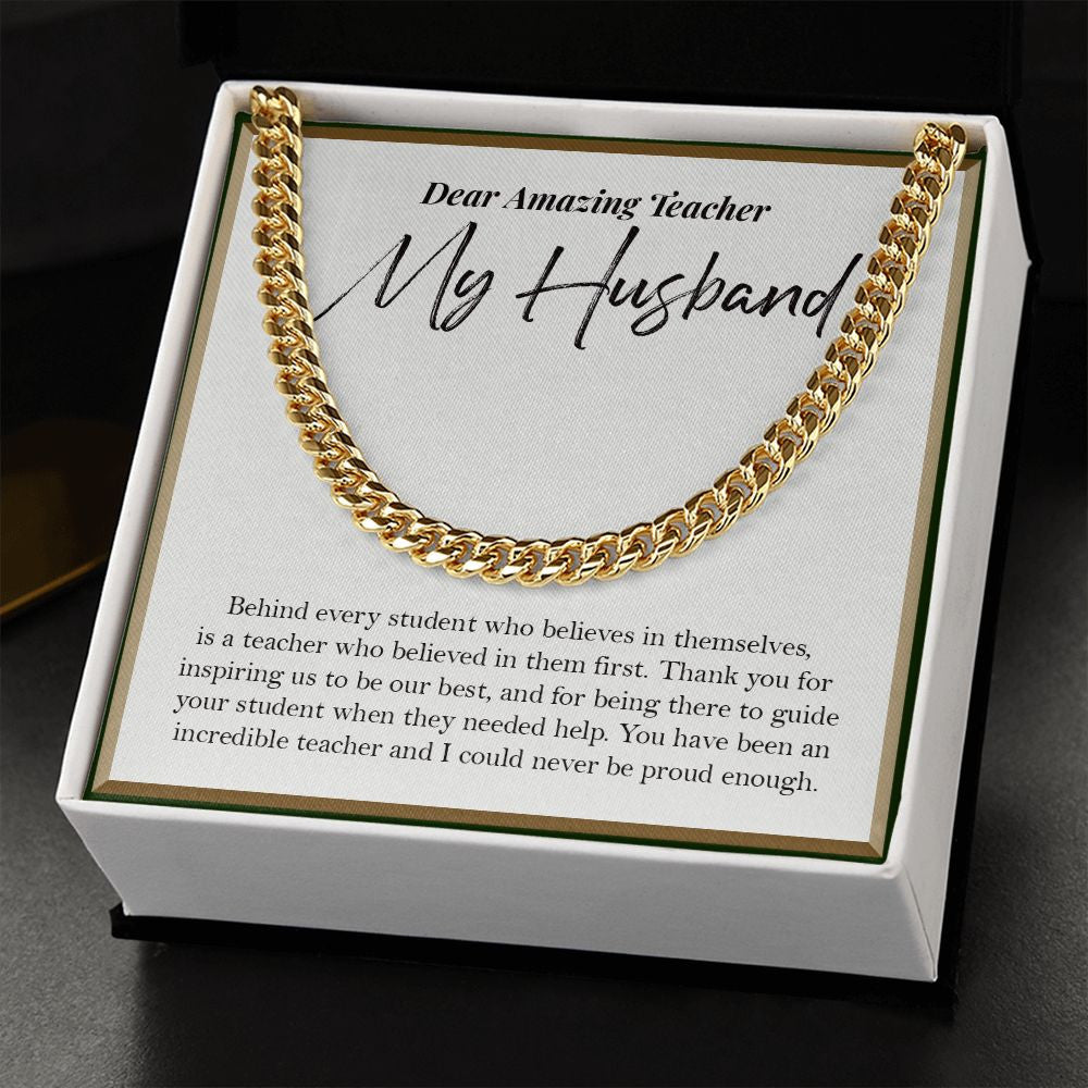 Behind Every Student cuban link chain gold standard box
