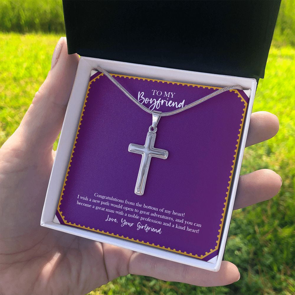 New Path, Great Adventures stainless steel cross standard box on hand