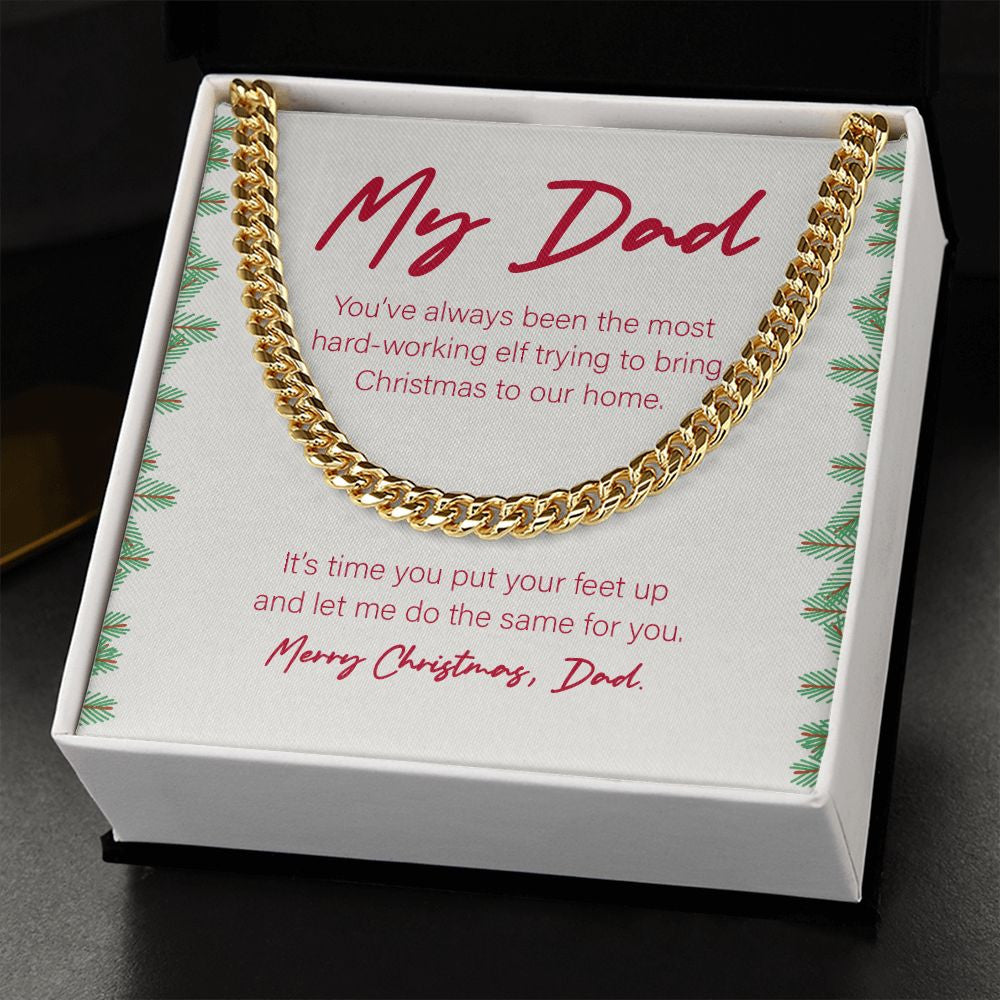 The Most Hard-Working Elf cuban link chain gold standard box