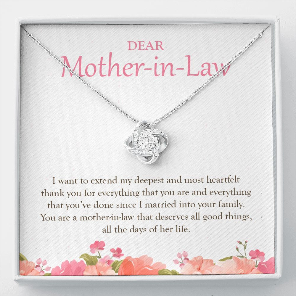 Deserves All The Good Things love knot necklace front
