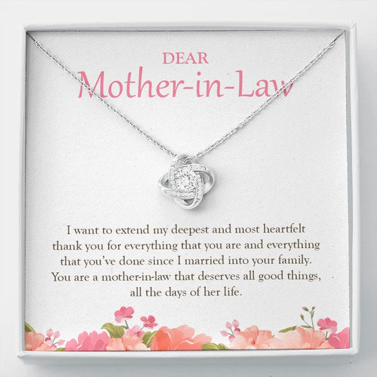 Deserves All The Good Things love knot necklace front