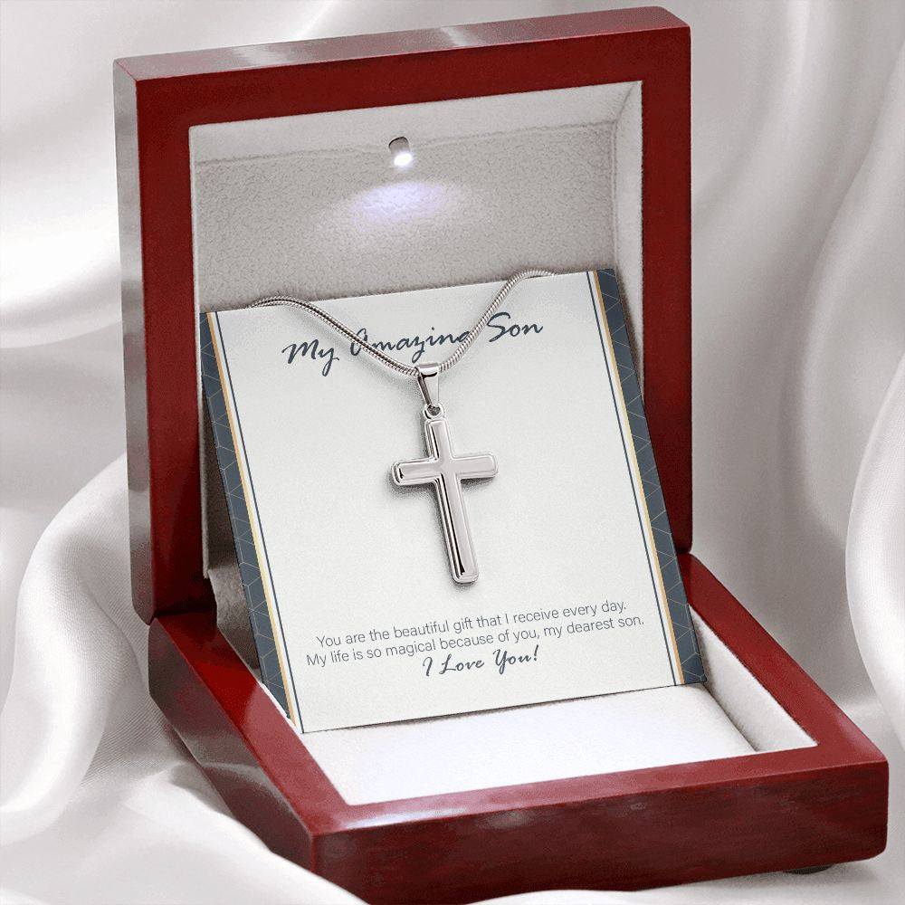 Life Is So Magical stainless steel cross premium led mahogany wood box