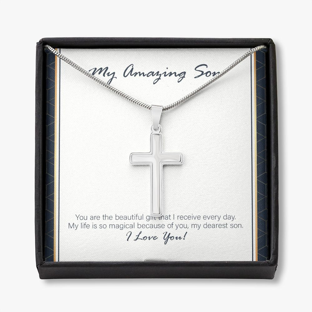 Life Is So Magical stainless steel cross necklace front