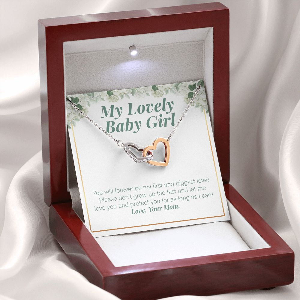 First And Biggest Love interlocking heart necklace premium led mahogany wood box