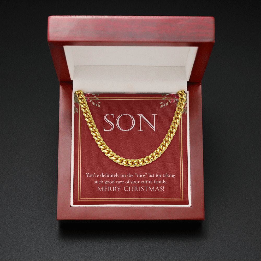 On The Nice List cuban link chain gold mahogany box led