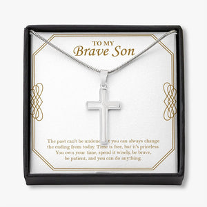 Free But Priceless stainless steel cross necklace front