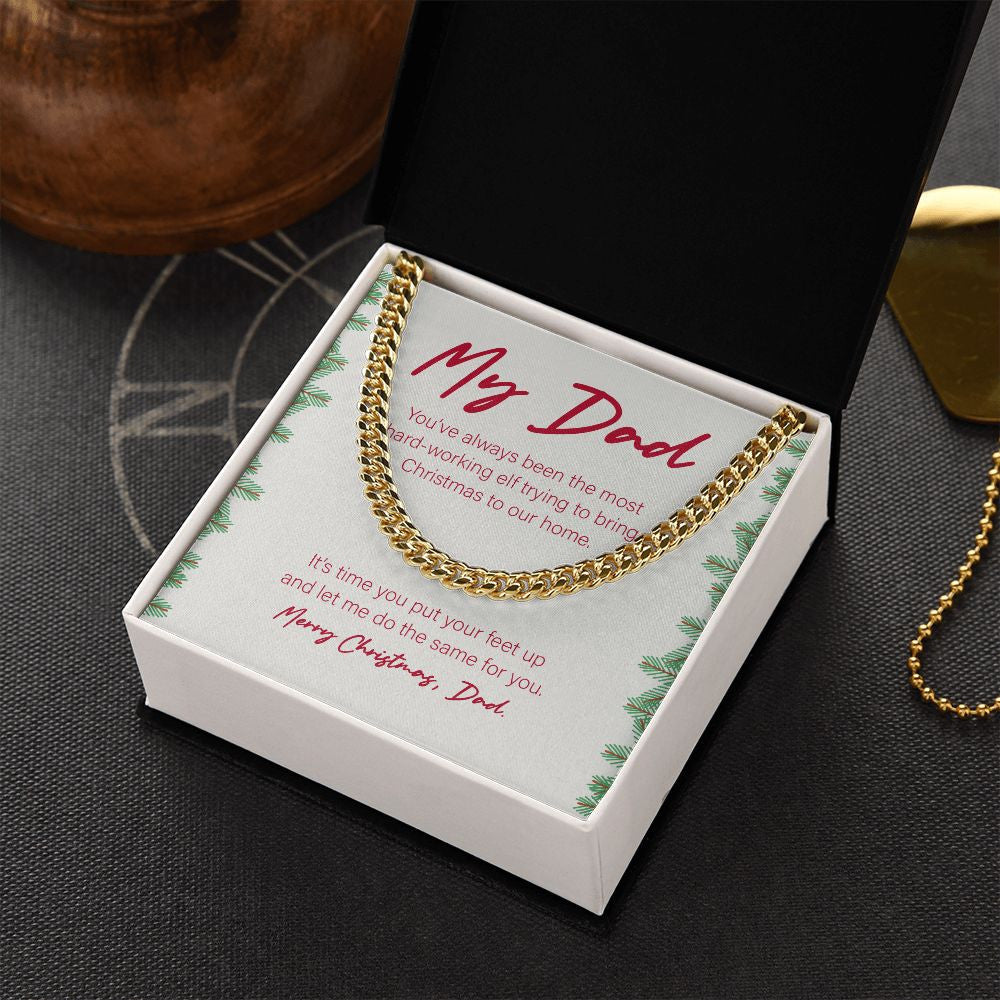The Most Hard-Working Elf cuban link chain gold box side view