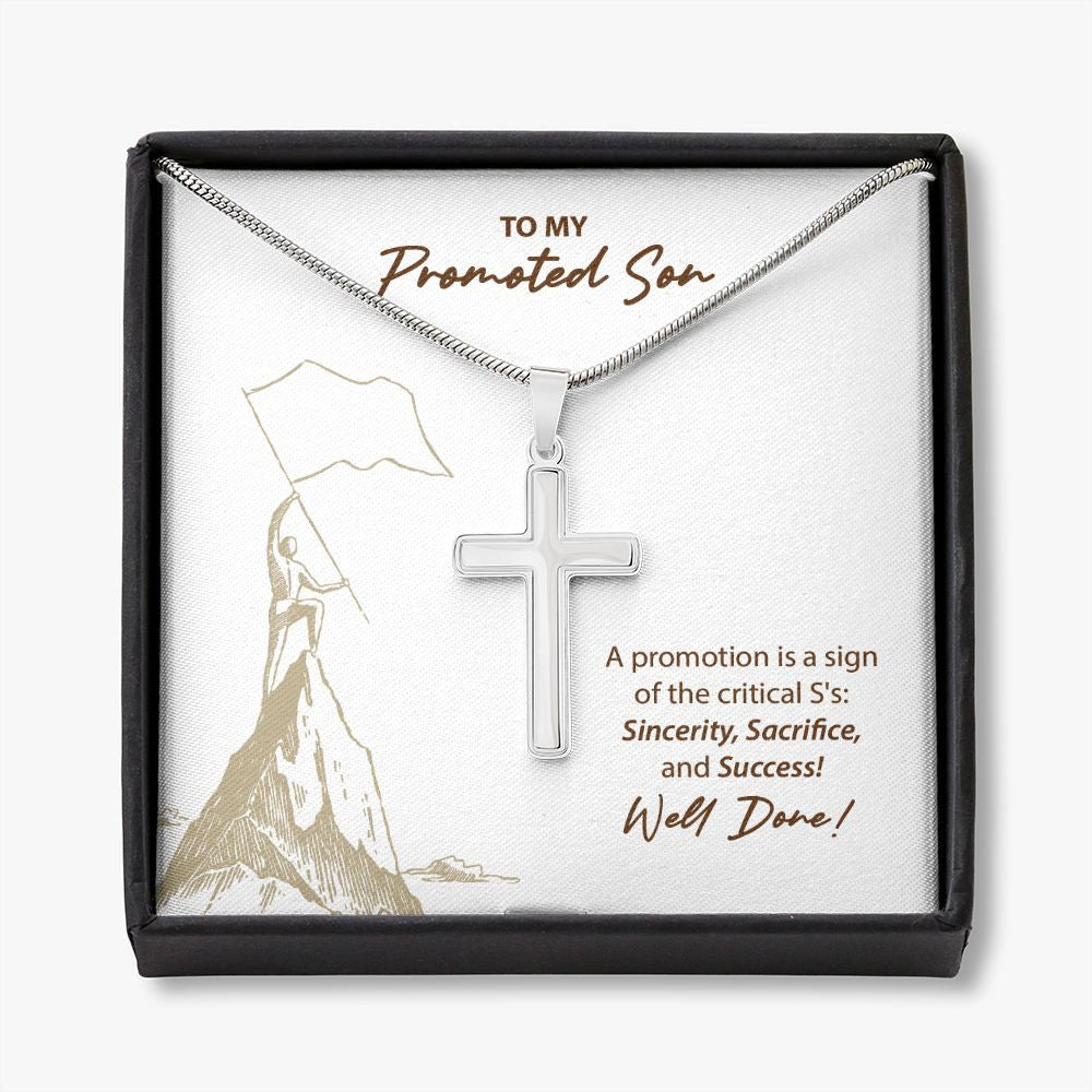 Sincerity, Sacrifice And Success stainless steel cross necklace front