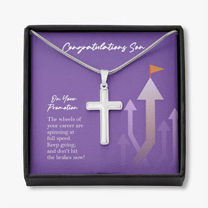 Spinning At Full Speed stainless steel cross necklace front