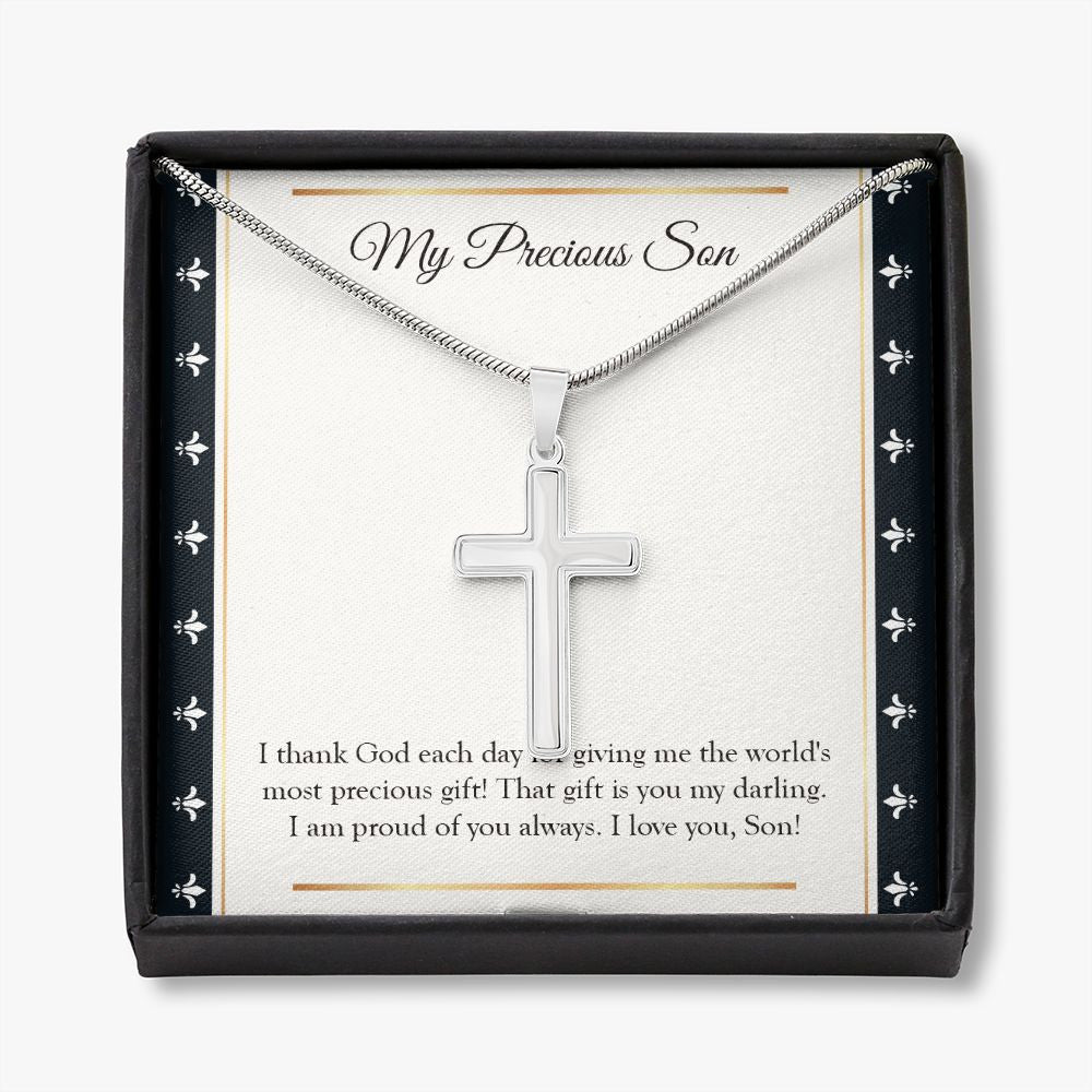 World's Most Precious Present stainless steel cross necklace front