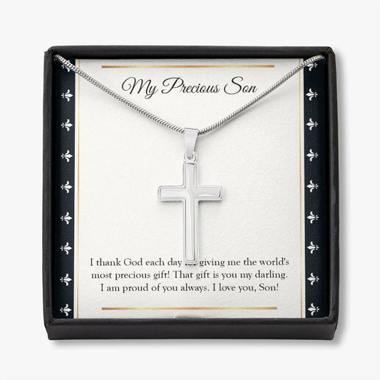 World's Most Precious Present stainless steel cross necklace front
