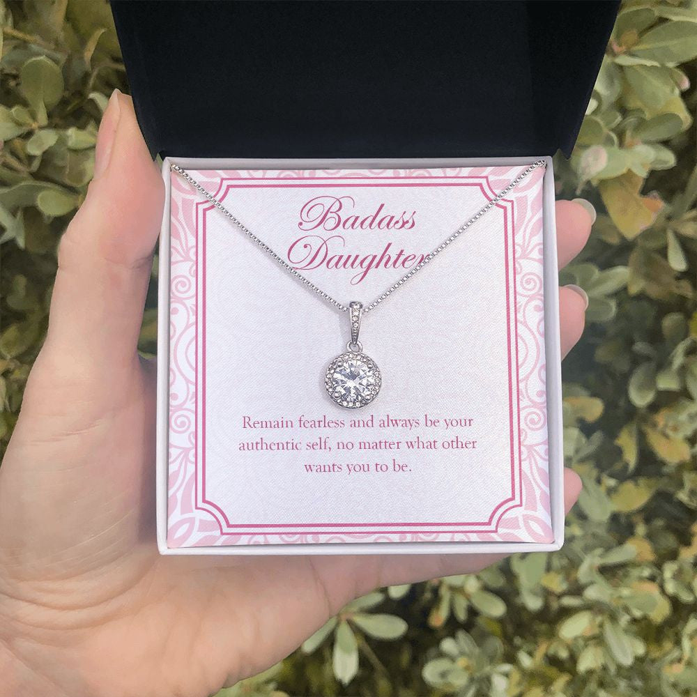 Remain Fearless And Authentic eternal hope necklace in hand