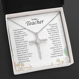 Bringing Your Heart To Classroom cz cross necklace close up