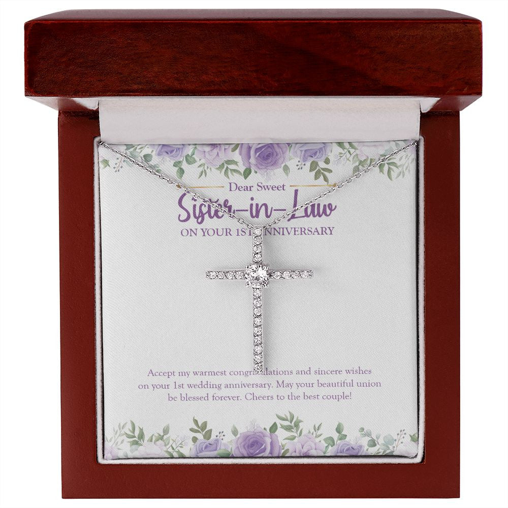 Blessed Beautiful Union cz cross necklace premium led mahogany wood box