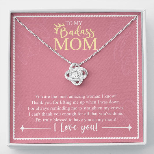 Most Amazing Woman love knot necklace front