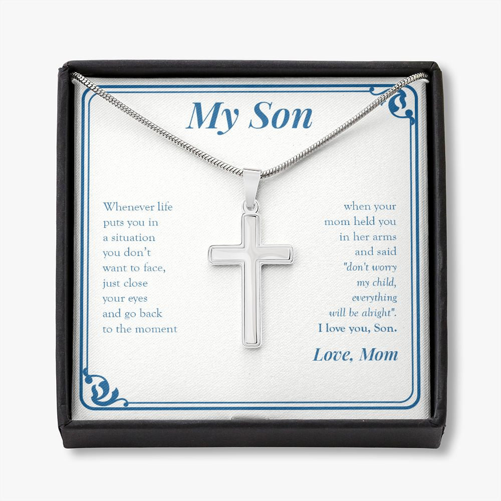 Everything Will Be Alright stainless steel cross necklace front