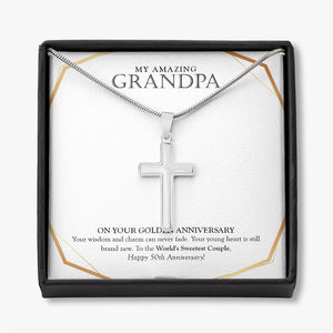 World's Sweetest Couple stainless steel cross necklace front