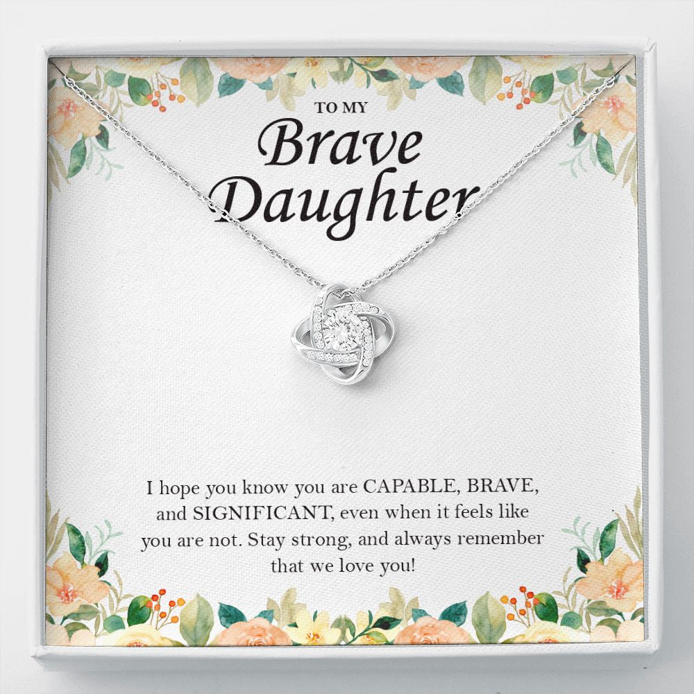 Capable, Brave & Significant love knot necklace front