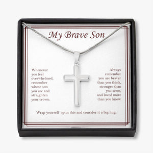 Stronger Than You Seem stainless steel cross necklace front