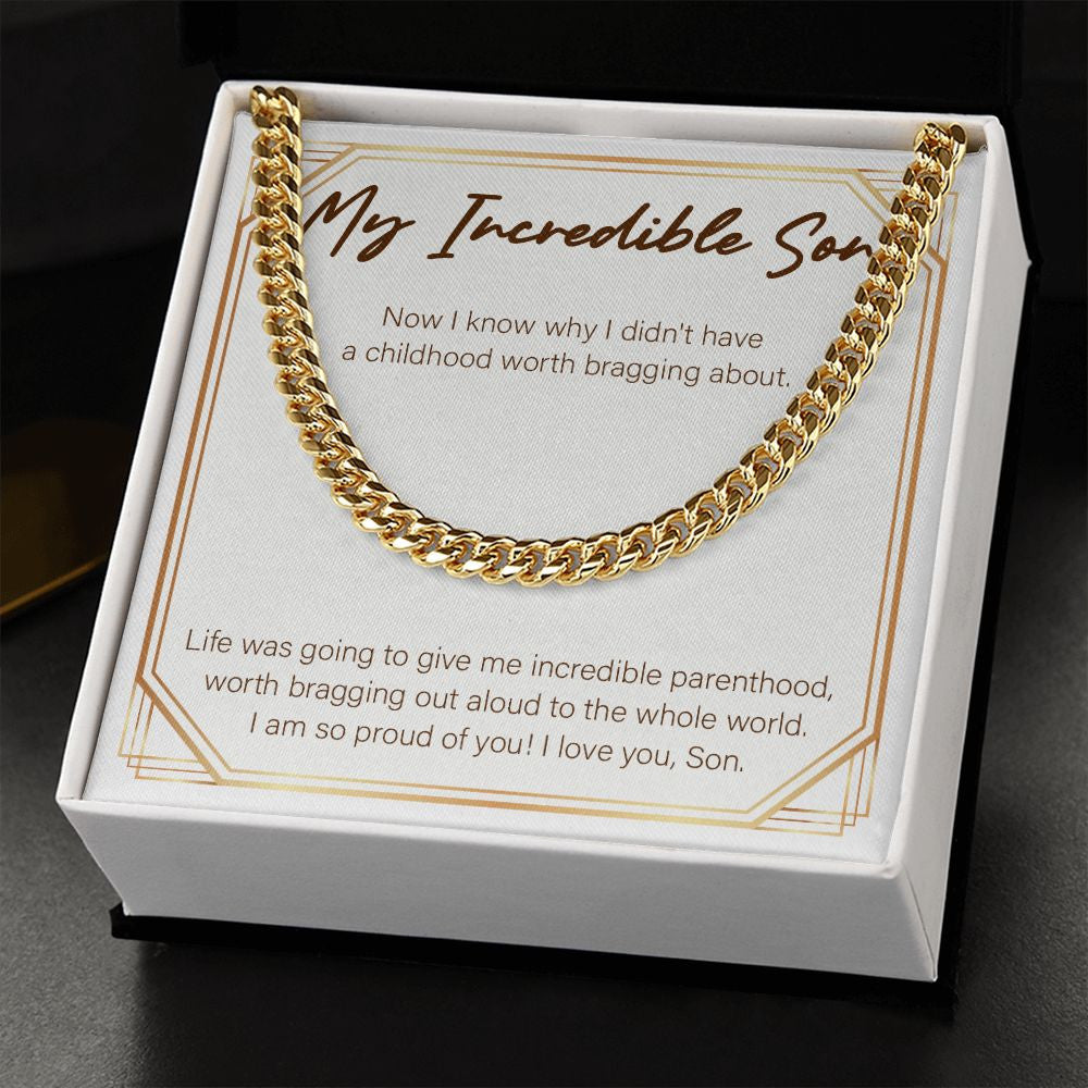Incredible Parenthood cuban link chain gold standard box