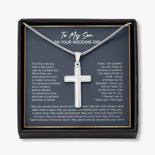 Bless Your Marriage stainless steel cross necklace front