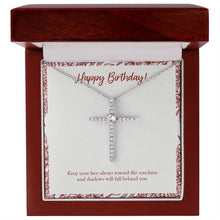Load image into Gallery viewer, Shadows Will Fall Behind cz cross necklace premium led mahogany wood box
