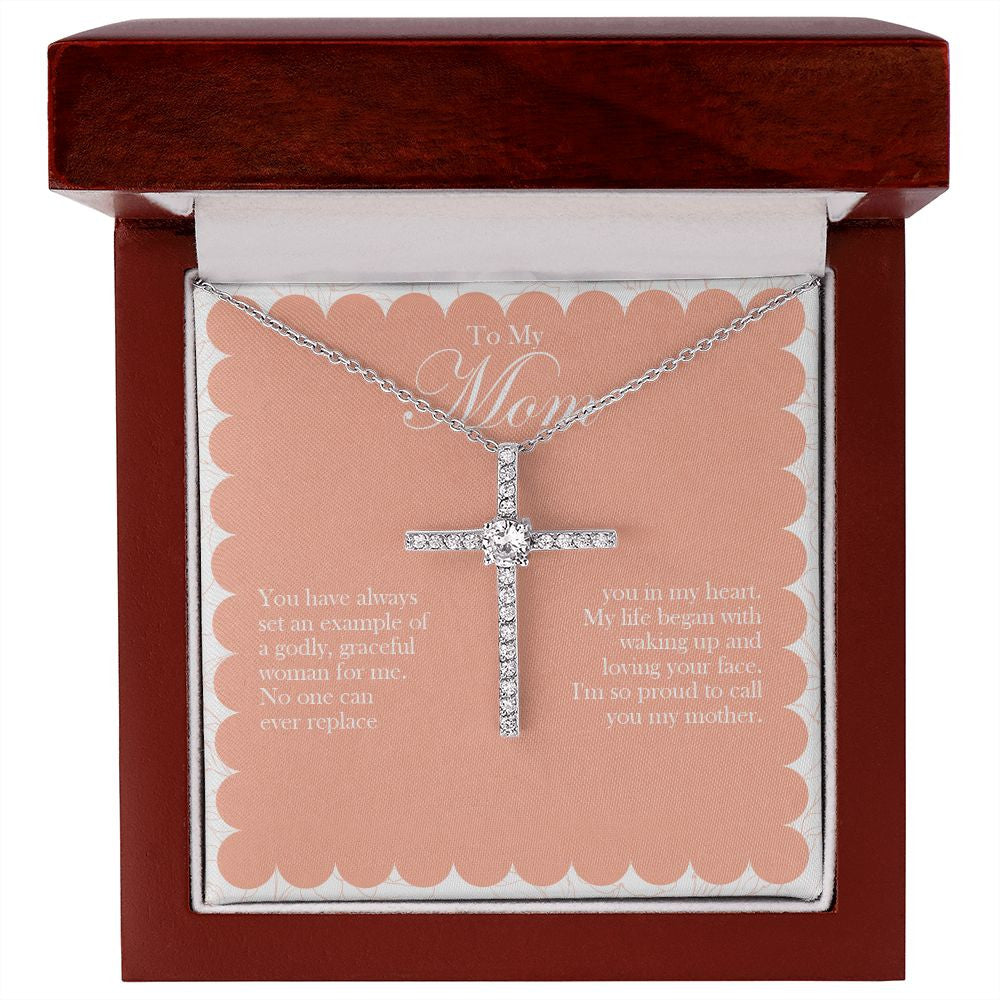 No One Can Replace cz cross necklace premium led mahogany wood box