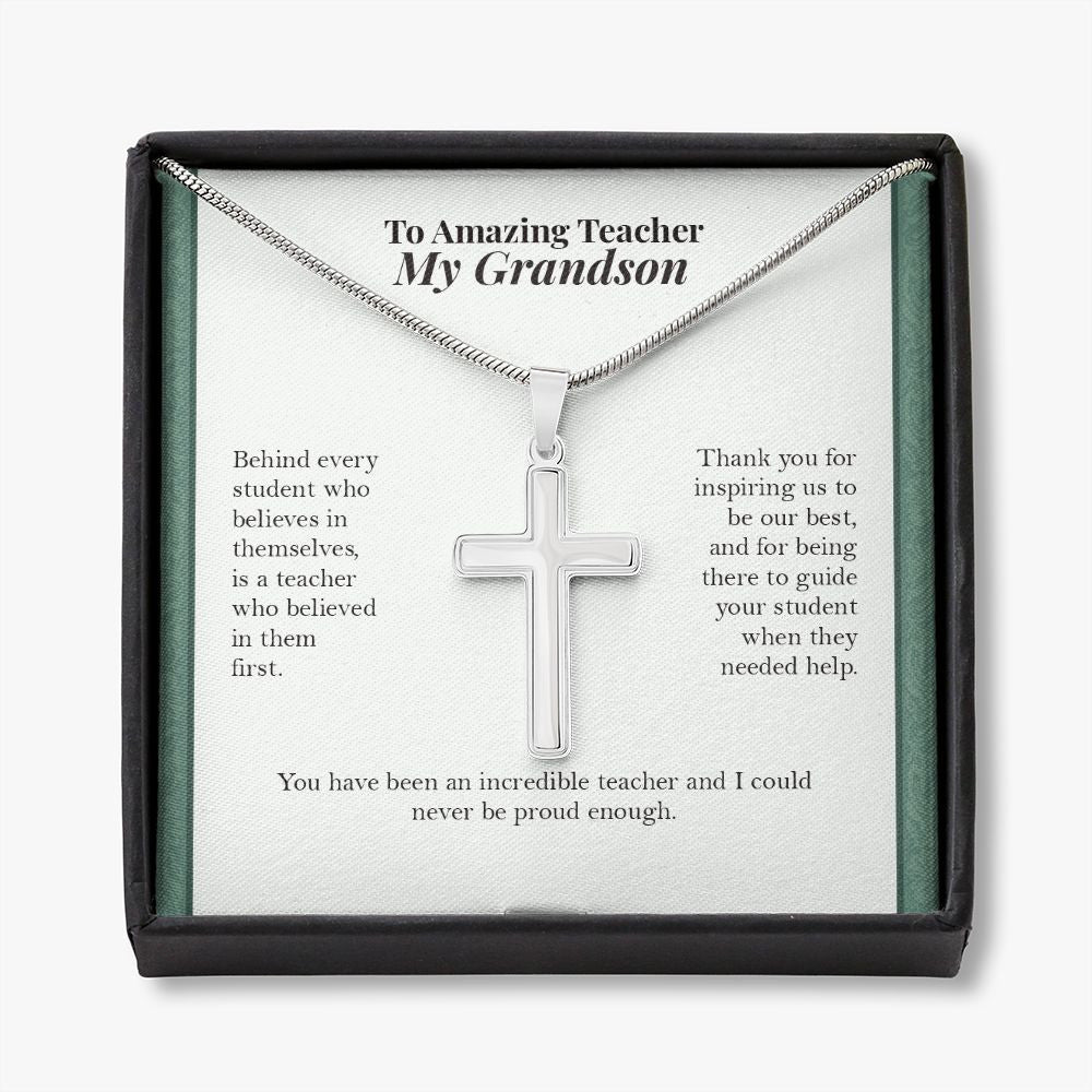 Behind Every Student stainless steel cross necklace front