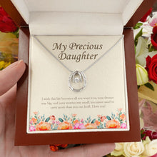 Load image into Gallery viewer, Dreams Stay Big horseshoe necklace luxury led box hand holding
