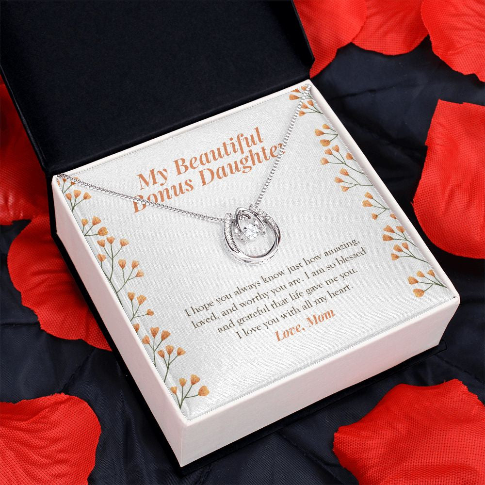 Blessed and Grateful horseshoe pendant red flower