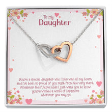 Load image into Gallery viewer, Happiness Whenever You May Go interlocking heart necklace front

