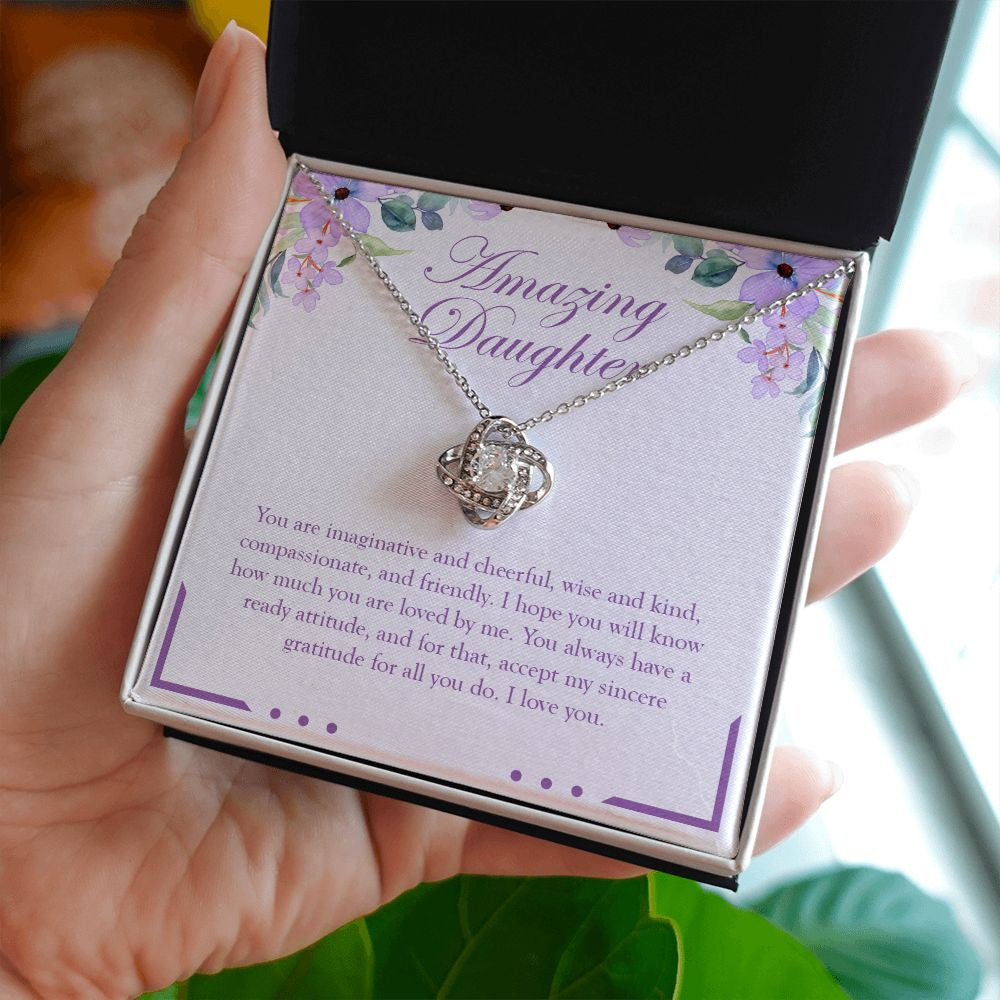 Always Have A Ready Attitude love knot necklace in hand