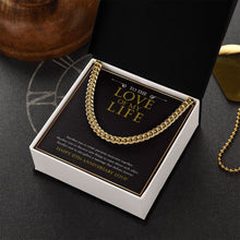 Load image into Gallery viewer, The Love Of My Life cuban link chain gold box side view
