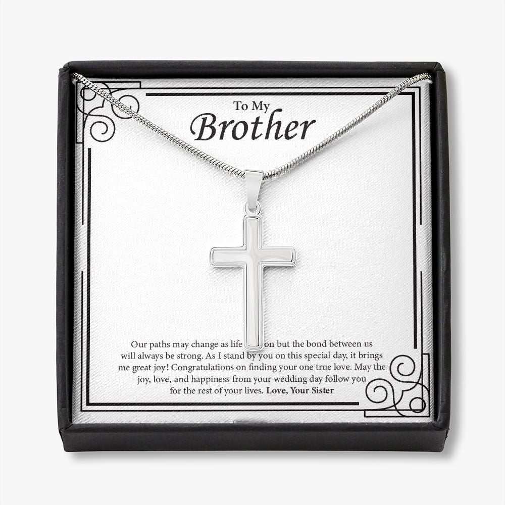 Paths May Change stainless steel cross necklace front