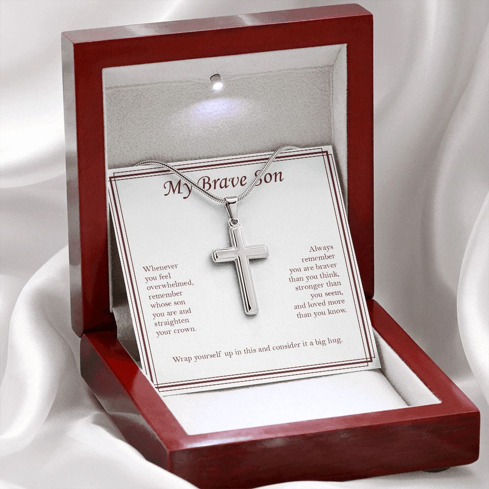 Stronger Than You Seem stainless steel cross premium led mahogany wood box