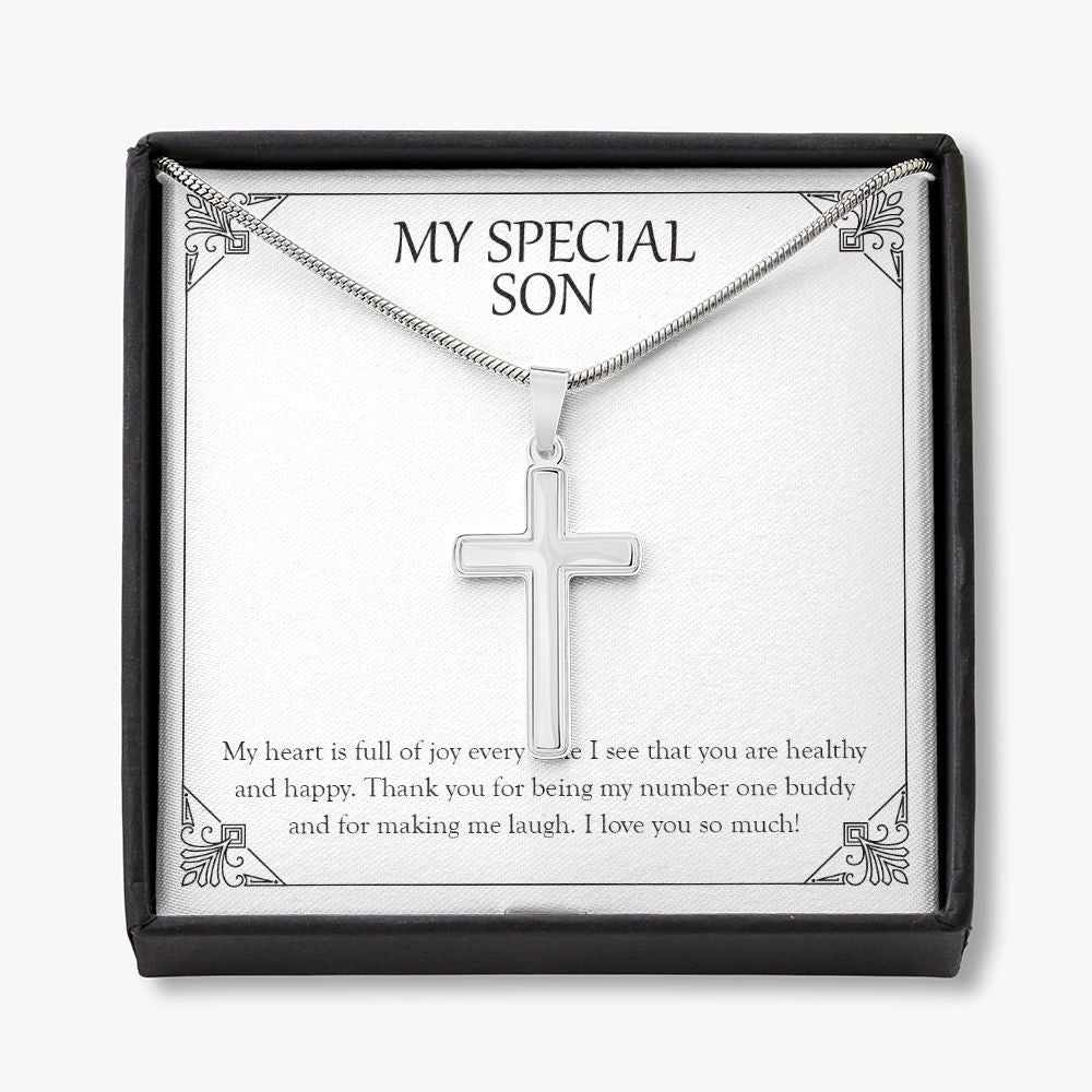 My Number One Buddy stainless steel cross necklace front