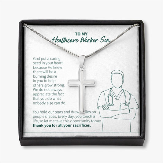 Caring Seed In Your Heart stainless steel cross necklace front