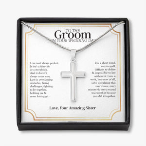 Love Is Not A Fairytale stainless steel cross necklace front