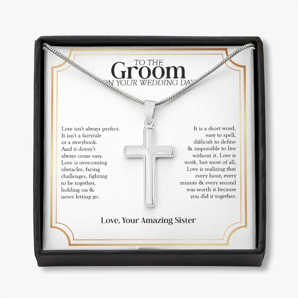 Love Is Not A Fairytale stainless steel cross necklace front