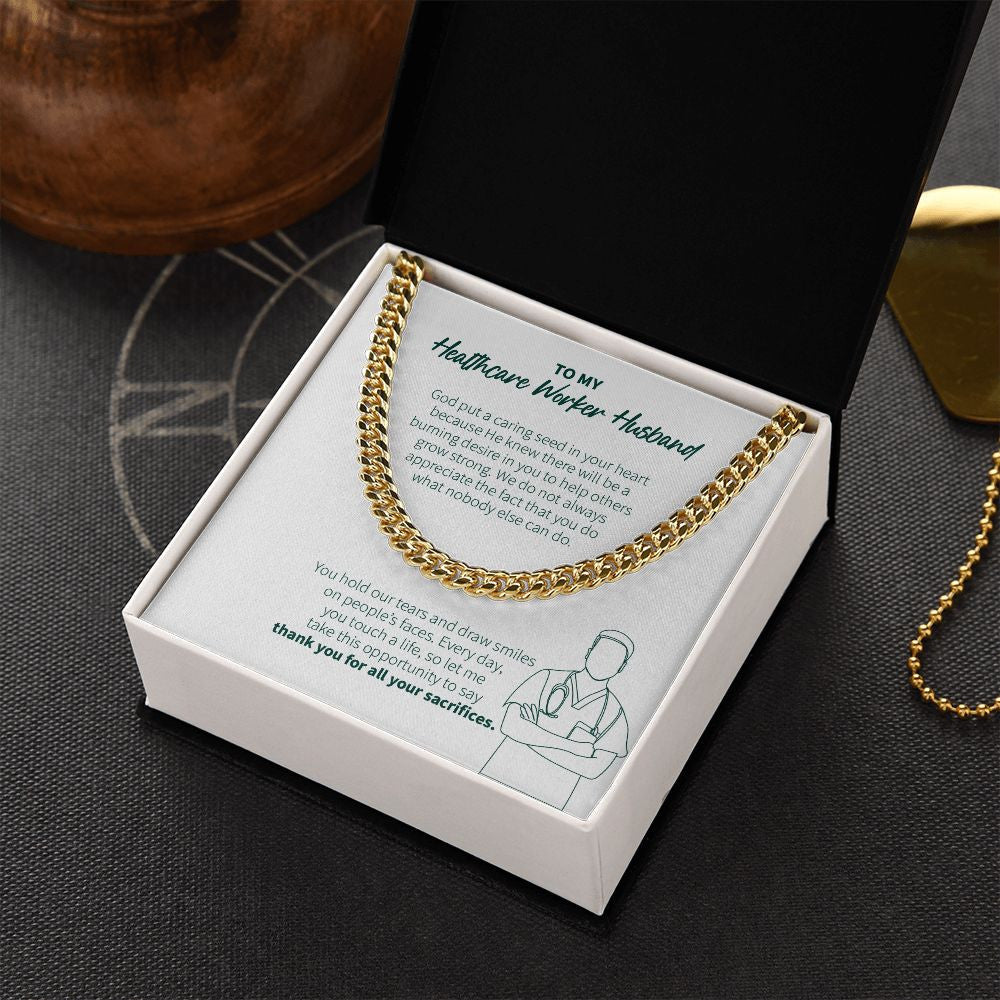 Caring Seed In Your Heart cuban link chain gold box side view
