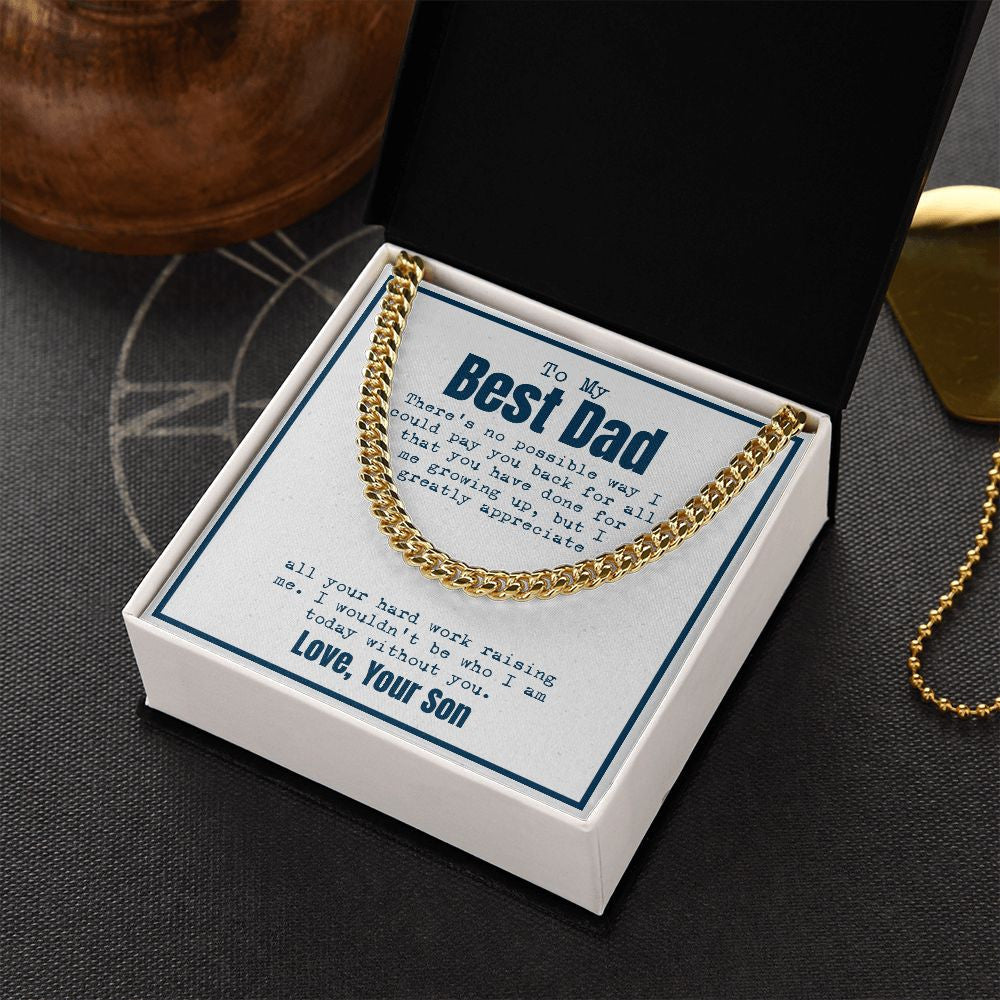 Hard work Raising Me cuban link chain gold box side view