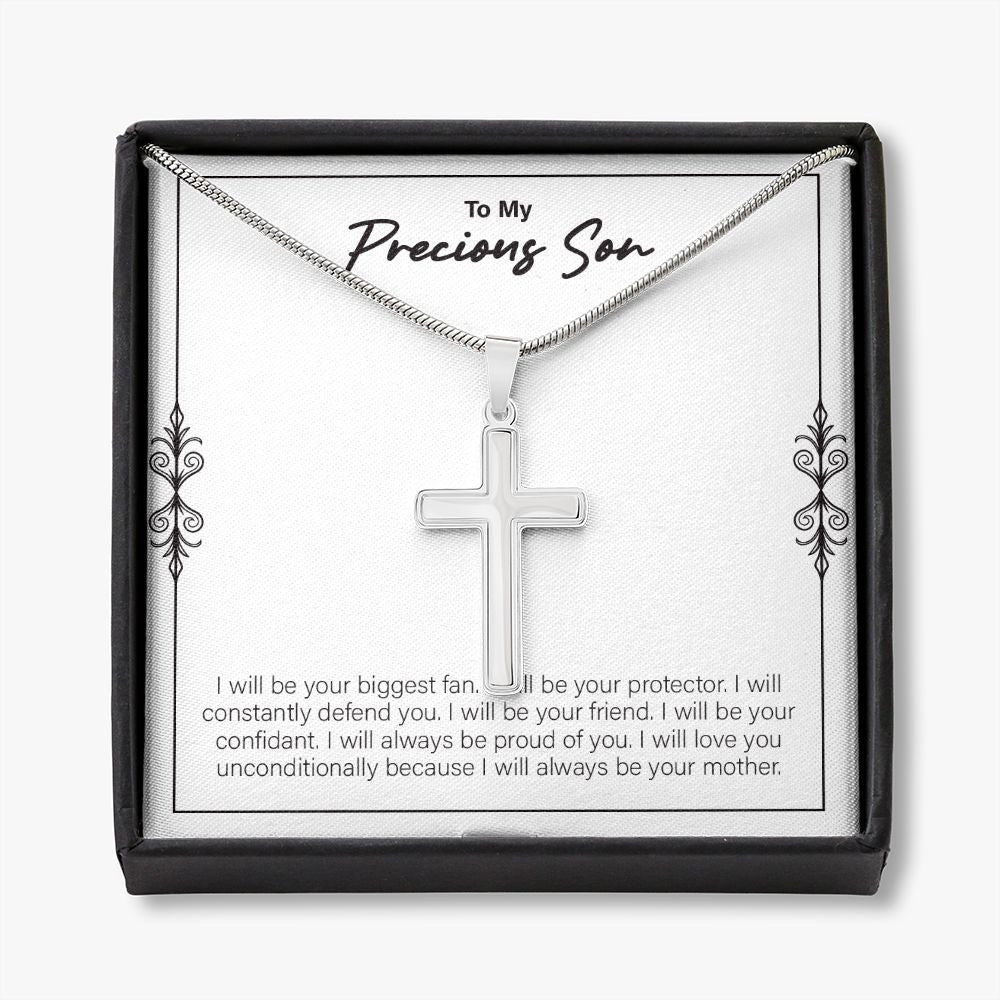Your Biggest Fan stainless steel cross necklace front