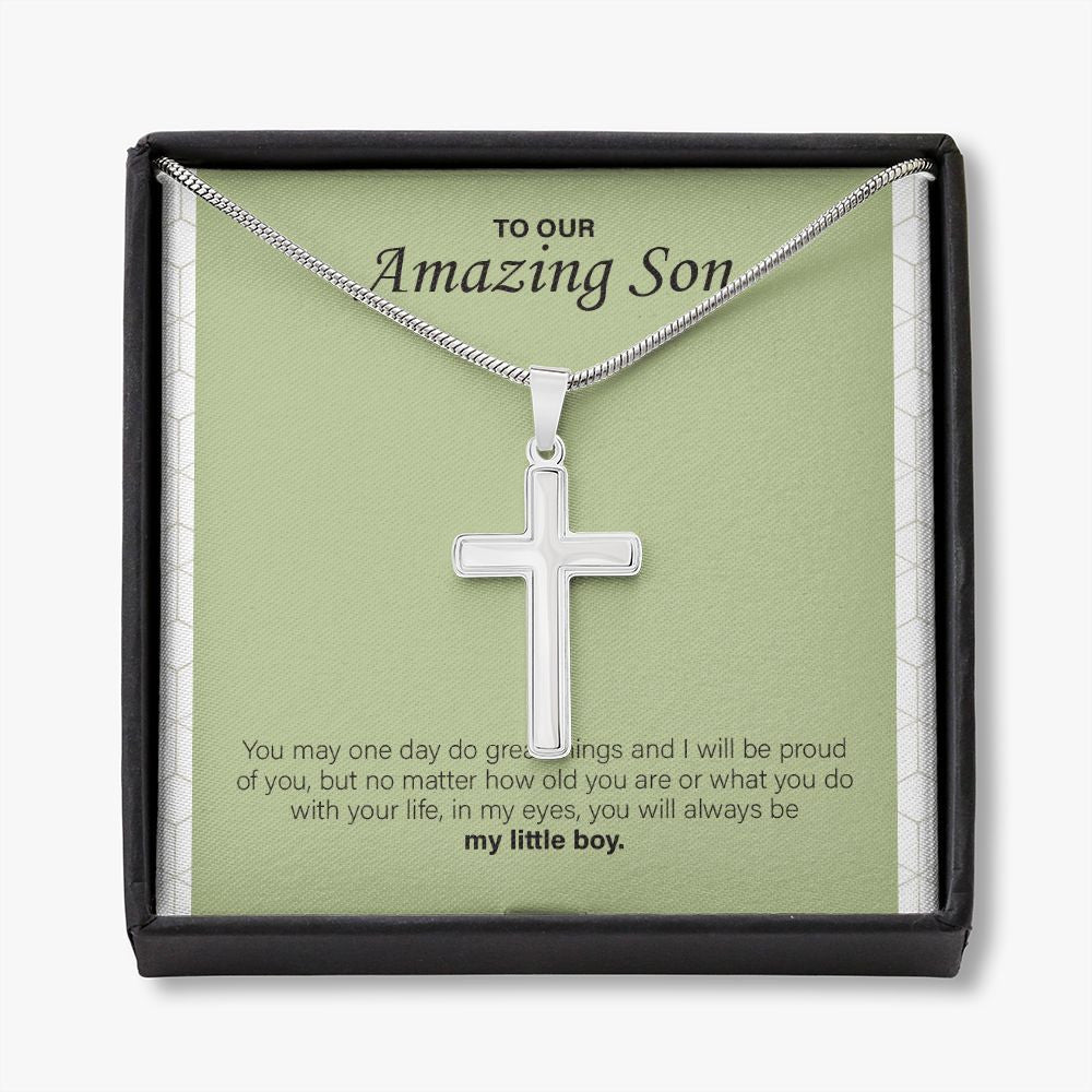 Do Great Things stainless steel cross necklace front