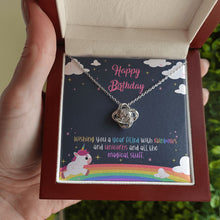 Load image into Gallery viewer, Unicorns and all magical stuff love knot necklace luxury led box hand holding

