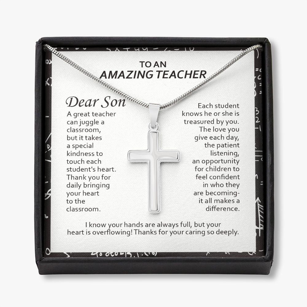 Juggle A Classroom stainless steel cross necklace front