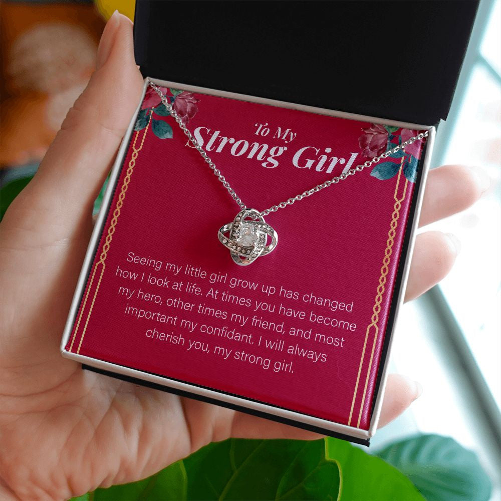 Always Cherish You love knot necklace in hand