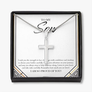 Choose Your Battles stainless steel cross necklace front