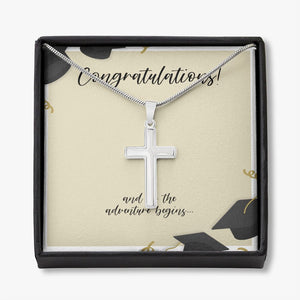 Adventure begins stainless steel cross necklace front