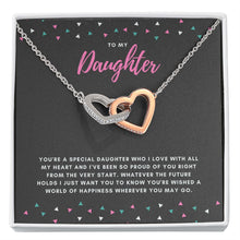 Load image into Gallery viewer, Happiness Wherever You Go interlocking heart necklace front
